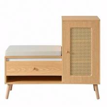 Meuble à chaussures, banc d'entrée en rotin avec rangement pour chaussures et coussin d'assise – Banc d'entrée multifonctionnel avec tiroirs et compartiments ouverts, une porte de placard - Couleur naturelle - Voir 6
