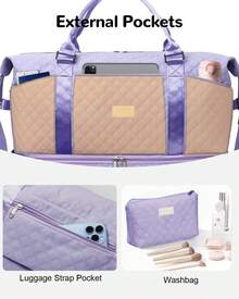 Bolsa de viaje, bolsa de viaje de fin de semana para mujer (con compartimento para zapatos), bolsa de mano para pasar la noche (con neceser), bolsa de gimnasio (con bolsa impermeable), bolsa de maternidad - Morado - Ver 4