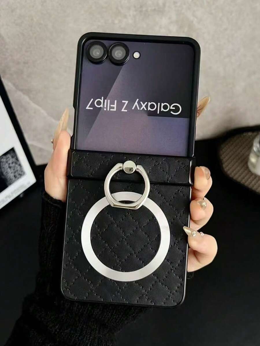 Galaxy Z Flip7/6 Folding Phone Case, Auspicious Cloud Pattern, Minimalist Business Style, Creative Personalized, Full Coverage, Rotating Ring Holder, Magnetic Anti-Drop Protection, Suitable For Z SE/5/4/3, Unisex Design - Black - View 1