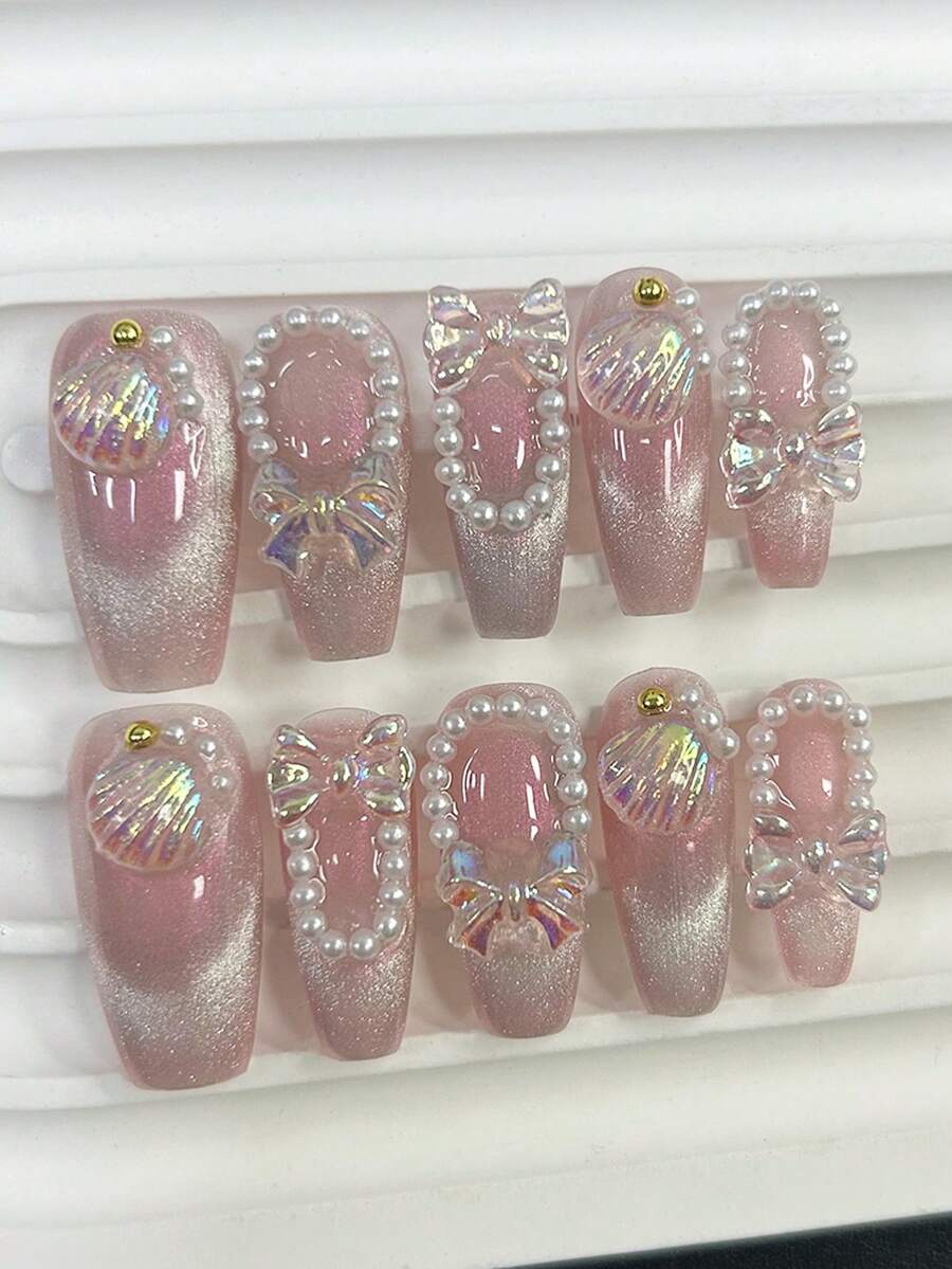 10pcs Exquisite Nail Art Thick Shell Cat Eye Pearl Butterfly Decorated False Nails, Gift Set For Women (1pc Jelly Sticker + 1pc Nail File) Handmade Press On Nails - Pink - View 1