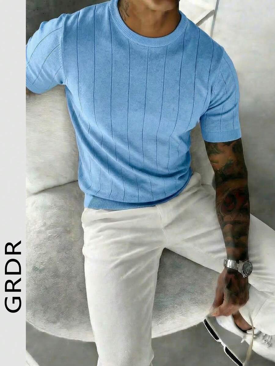 GRDR Camiseta de punto de cuello redondo de manga corta acanalada de verano para hombre, uso casual con estilo