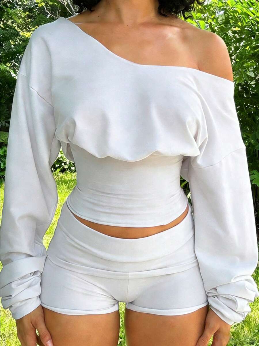 2 Stücke Damen leichte Shorts und Langarm-Top Set, lässiger Sportswear Streetwear Outfit - Weiss - Übersicht 1