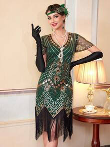 Đầm Flapper tay dài, đính sequin và tua rua, lấy cảm hứng từ phong cách F. Scott Fitzgerald những năm 1920. - Màu xanh lá cây đậm - Xem 2