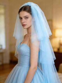1pc Multi-Layer Bridal Veil, Wedding Photography Prop - Baby Blue - View 6