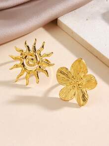 2 chiếc nhẫn nữ hình hoa mặt trời - Thép không gỉ mạ vàng 18K, thiết kế đơn giản và hiện đại, phù hợp đeo hàng ngày. - Vàng - Xem 3