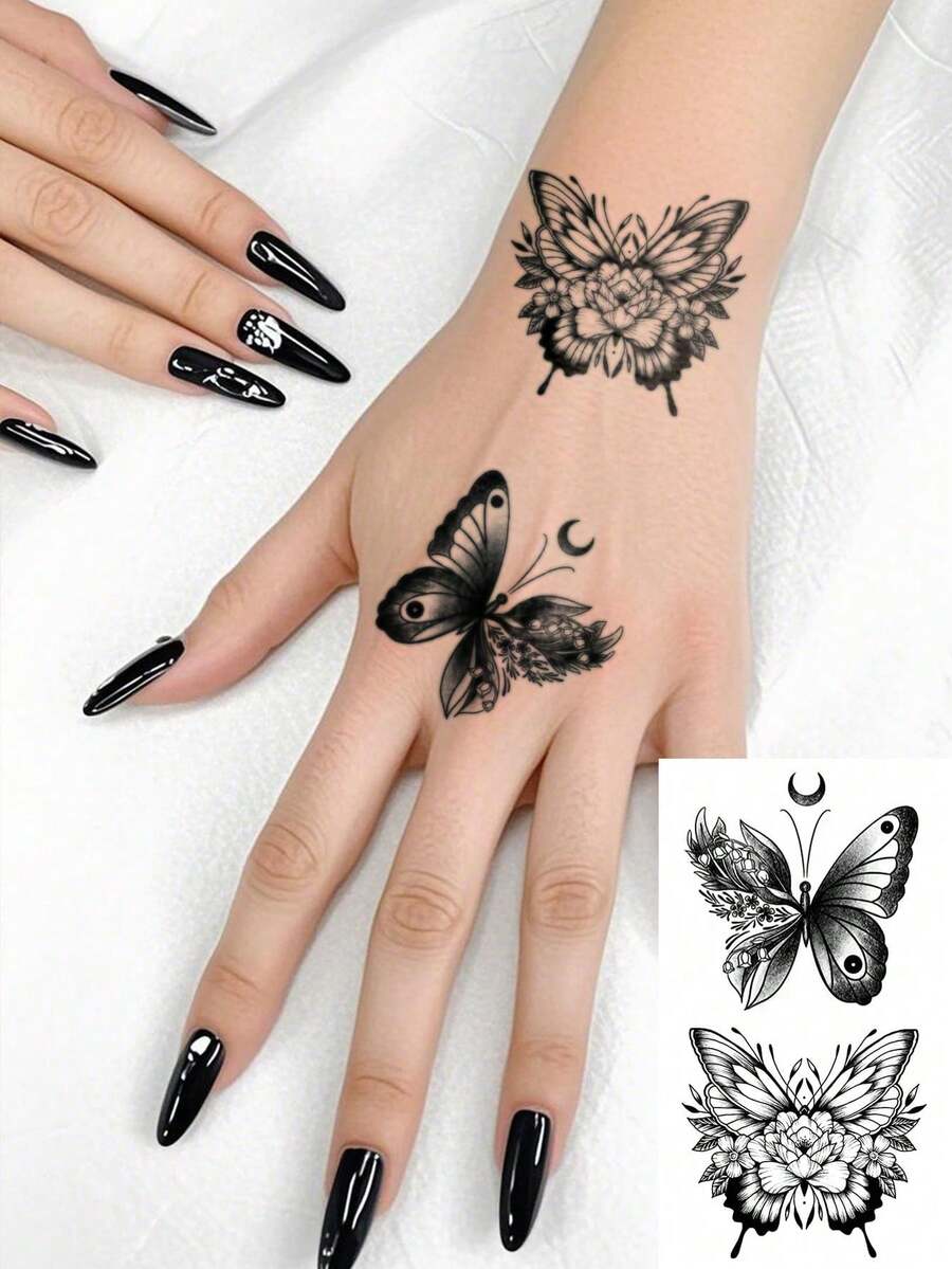 1 foaie autocolant tatuaj temporar de dimensiuni mici pentru corp, unisex, model fluture cu flori negre, tatuaj fals impermeabil, durează 2-5 zile, poate acoperi cicatricile, poate fi folosit pentru brațe, încheieturi, umeri, picioare, talie, gât, mâini, piept, coapse, deget - Negru - Vizualizare 1