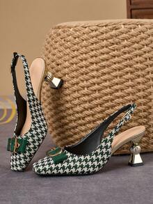 WHDXY Sepatu hak tinggi tanpa bagian belakang dengan hak asimetris 7cm untuk wanita, ujung persegi, hiasan pita dan gesper logam, sepatu pesta elegan yang cocok untuk bepergian, bekerja, kencan, dan pesta. - Hijau - View 6