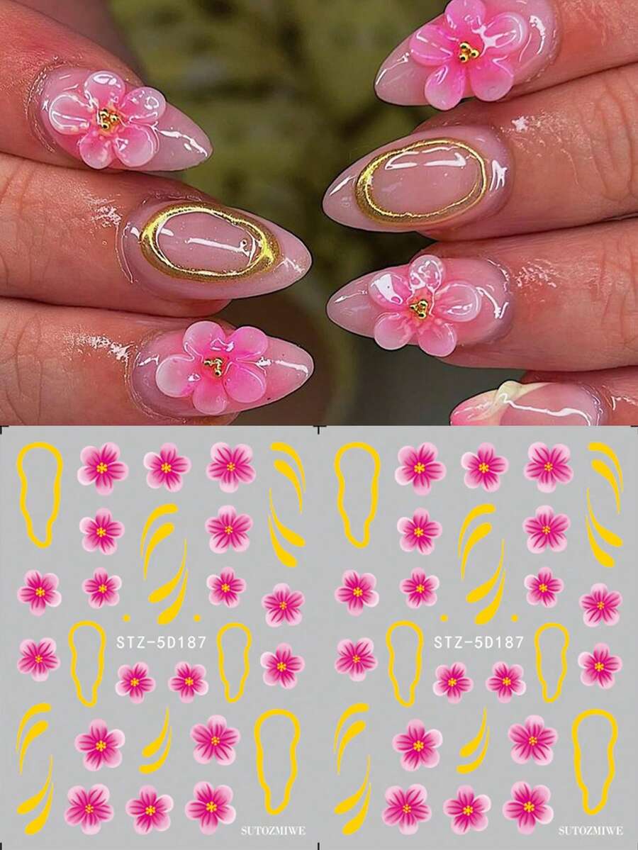2片装雕花金边5D立体美甲贴纸,优雅夏威夷花卉芙蓉百合花可爱Y2K风格美甲装饰滑块,兰花鸡蛋花节日风自粘美甲贴花,DIY春夏美甲饰品装饰 - 彩色 - 查看 1