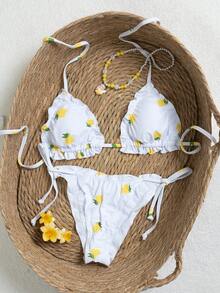 Bộ bikini tam giác viền bèo họa tiết chanh dành cho nữ, kiểu dáng buộc dây cổ hai mảnh, thích hợp cho kỳ nghỉ biển. - trắng - Xem 3