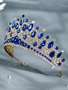 1pcLuxury Royal Deep Blue Rhinestone Crown Tiara, Baroque Gold Headpiece For Bride, Wedding, Pageant, Birthday Party. Exquisite 3-Inch Height Crystal Hair Accessory. - 彩色 - 查看 10