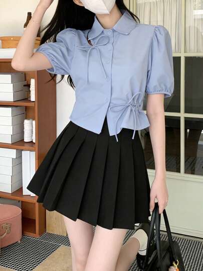 纯色前系带露脐衬衫，甜美少女风浅蓝色短袖衬衫，镂空系带腰身衬衫，学院风修身露脐上衣