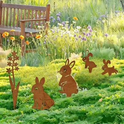 乡村风格兔子剪影花园插牌，木质庭院装饰