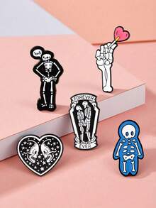 1/5件装骷髅臂章，心形骷髅徽章，服装背包配饰，暗黑哥特式骷髅合金翻领别针 - 彩色 - 查看 5