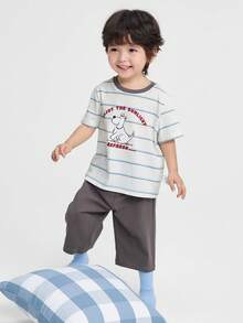 Balabala Bộ đồ ngủ ngắn tay và quần short kẻ sọc cho bé trai tuổi teen, chất liệu nhẹ, thoáng khí, nhanh khô, thích hợp cho mùa xuân/hè. - tông màu xám - Xem 4