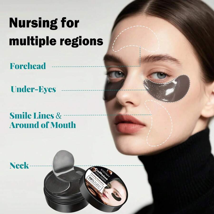 Xioimy 60片装咖啡因胶原蛋白多功能眼膜，高度保湿，平滑提亮肤色，淡化黑眼圈，对抗干燥暗沉，咖啡因胶原蛋白眼膜 - 數量 - 查看 1