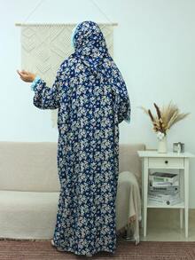 Navy Blue Ditsy Floral Lace Trim Hooded Robe Dress, Prayer Robe With Delicate Applique Decor Vacation - Multicolor - View 6
