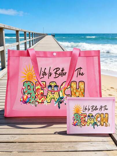 Mesh Tote And Small Bag Set With Summer "Life Is Better At The Beach" Pattern,Shells, Sea Turtle ,Summer Design,Tote Bag,Beach Bag,Hawaiian Style Transparent Organizer Bag,Travel Toiletry Bag, Beach Handbag, Casual Vacation Bag,Cosmetic Storage Bag,Summer Essentials,Ideal For School, Vacation, Holiday & Back To School Use,Best Gift For Friends And Teachers,Ideal Birthday Gift, Party Gift, Summer Gift, Vacation Gift, Holiday Gift, Wedding Gift