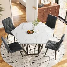 Dining Table And Chair Set (5-Piece Set), Modern Hexagonal Marble Dining Table + 4 Velvet Dining Chairs To Create A Warm And Modern Restaurant - Grey - View 5