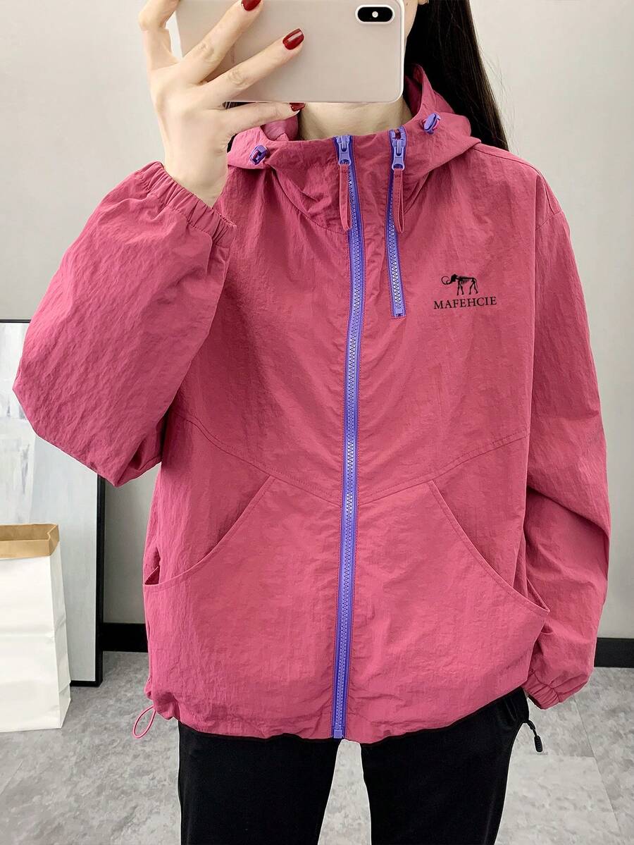 Áo khoác gió nữ mùa xuân/thu, áo khoác thể thao ngoài trời chống thấm nước, áo mưa có mũ nhẹ thoáng khí thích hợp cho chạy bộ, đạp xe, leo núi. - Màu Hồng Tươi - Xem 1