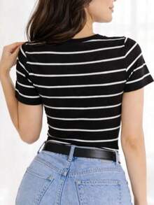 Women's Basic Ribbed Cotton Striped Blouse - Black. - View 3