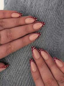 4片装中号杏仁形美甲贴纸，红色法式波点设计，简约风格，全覆盖，适合女性和女孩日常佩戴，秋冬季假指甲 - 彩色 - 查看 1