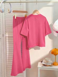 2pcs/Set Girls Casual Minimalist Letter & Floral Print Round Neck T-Shirt + Floral Pattern Flare Pants Outfit, Comfortable Spring/Summer New Arrival - Hot Pink - View 2