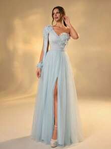 Women's Asymmetrical Neck Long Tulle Dress With Appliques And Lace-Up Back - Baby Blue - View 8