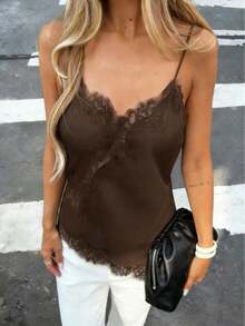 Women's Semi-Sheer Woven Camisole, Contrast Lace Trim, Asymmetric Hem Regular Length Camisole, Bohemian Style Spaghetti Strap - Brown - View 2