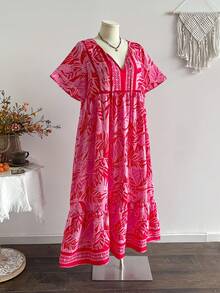 Rusttydustty 大码女式波西米亚风复古粉色宽松短袖长款连衣裙，夏季优雅 - 紅色 - 查看 11