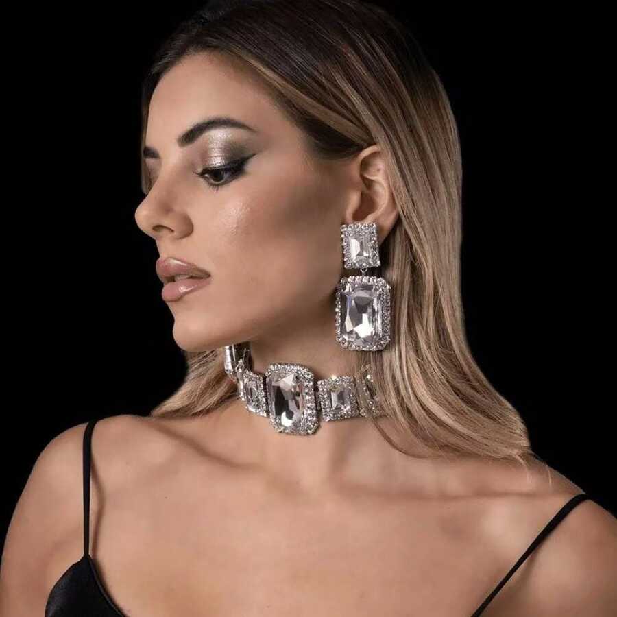 Fashion Bling Rhinestone Earrings Necklace Set Bridal Wedding Banquet Necklace Earrings Jewelry Set - Multicolor - View 1