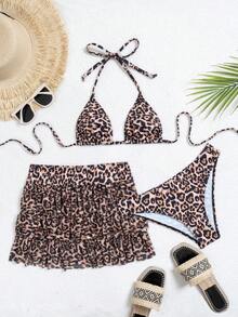 Conjunto de bikini sexy con estampado de leopardo y falda mini a juego para mujer, ideal para vacaciones de verano en la playa - Multicolor - Ver 5