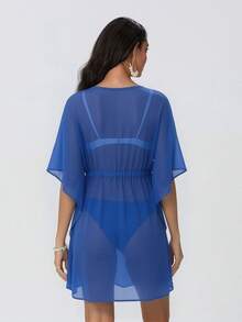 Vestido Cubridor de Chifón Transparente para Mujer, Unicolor, Cuello en V, Manga Murciélago, Cintura con Cordón, Corto, Fluido para Playa de Verano - Azul oscuro - Ver 3