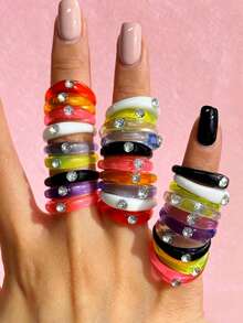 Set de 10/15 piezas de anillos de acrílico con rhinestones de colores, set de anillos coloridos exagerados de estilo Y2K, adecuado como regalo de joyería para amigos (diámetro interior: 15,5 mm-17,8 mm) - Multicolor - Ver 3