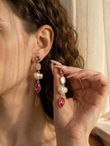 1对新款多层水钻不对称珍珠耳环，优雅时尚长款垂坠耳环，日常佩戴珍珠饰品 - 耳環 - 查看 1