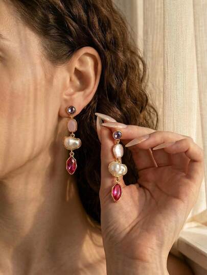 1 Pair New Multi-Layer Rhinestone Asymmetrical Pearl Earrings, Elegant Fashion Long Dangle Earrings, Daily Wear Pearl Jewelry