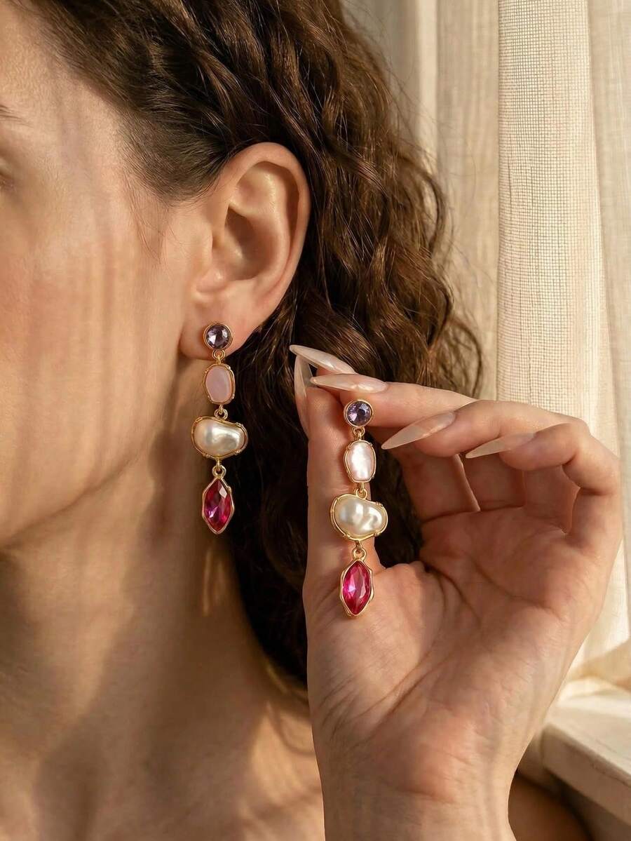 1对新款多层水钻不对称珍珠耳环，优雅时尚长款垂坠耳环，日常佩戴珍珠饰品 - 耳環 - 查看 1