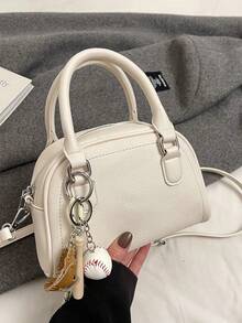 1pc Women's Retro Fashion Bowling Bag Simple Solid Color Handbag Versatile Shoulder Crossbody Bag Suitable For Work, Commuting - White - View 3