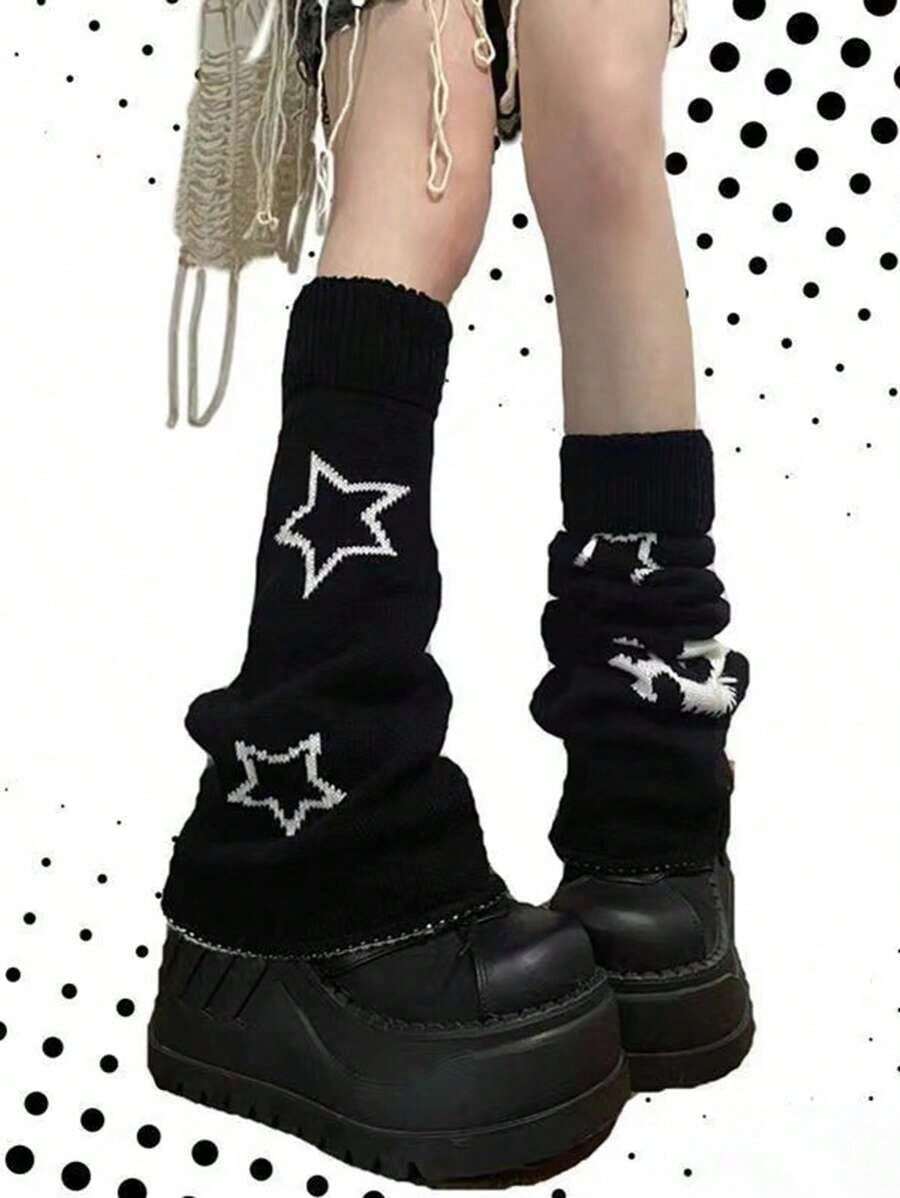 1 Pair Reversible Skull Star Element Leg Warmers, Bell-Bottomed Leg Warmers, Cozy - 黑色 - 查看 1