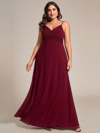 EVERPRETTY Plus Elegant V-Neck Ruched Bust Burgundy Bridesmaid Maxi Dress, Summer Dress For Vacation Party Wedding Guest Dresses Prom Spring