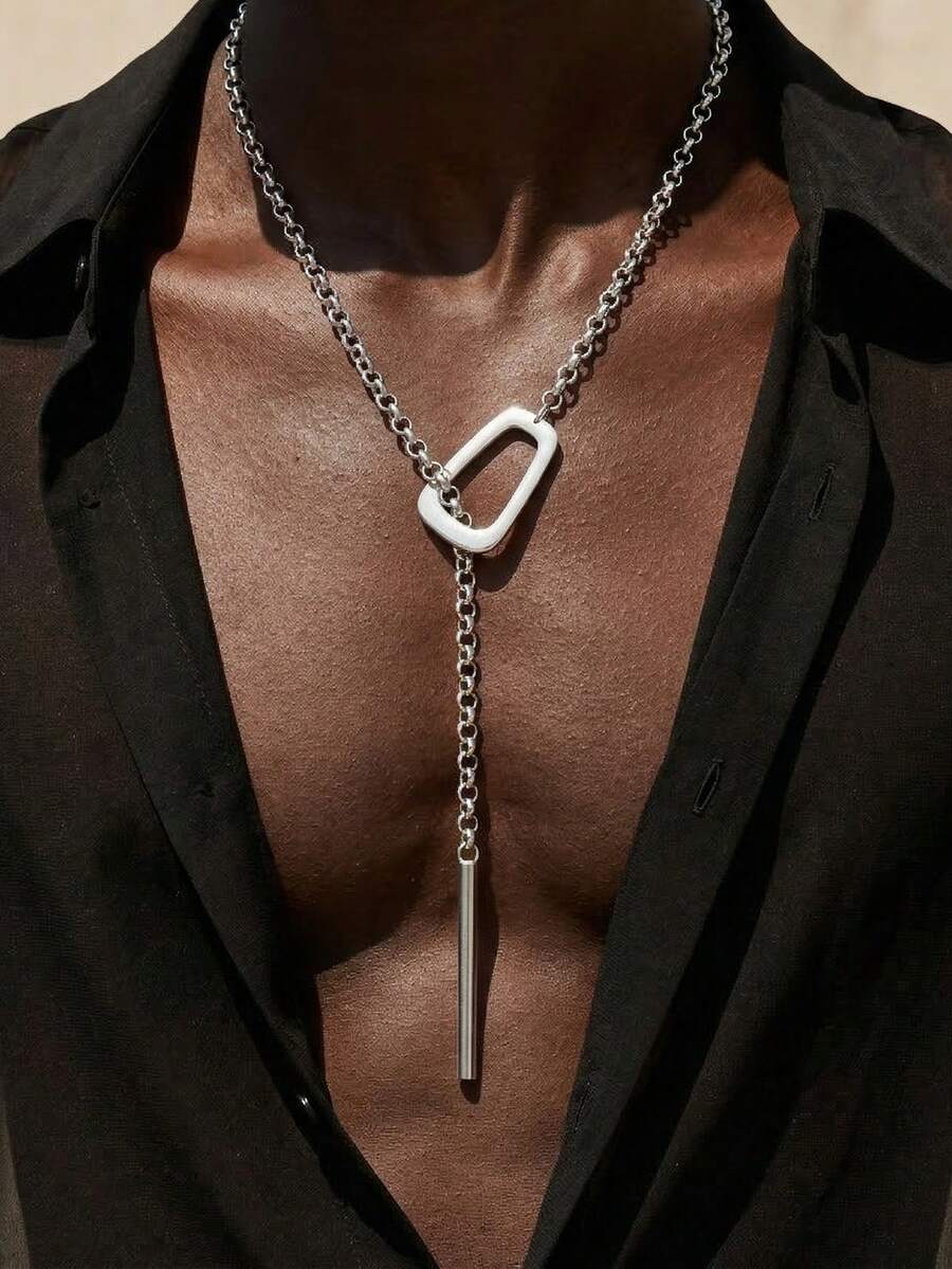 1件时尚独特银色金属粗链几何镂空方形环可调节颈链朋克创意夸张开口几何方形扣防滑金属长项链适合男士日常度假派对佩戴 - 銀色 - 查看 1