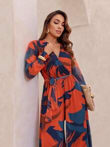 Long Sleeve Micro Tulle Pantaloon Jumpsuit - Orange - View 3