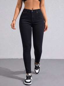 Pantalón Ajustado Negro de Talle Alto: Silueta Ceñida y Botonadura Frontal Decorativa, Denim Elástico para un Ajuste Cómodo. - Negro H2VA44 - Ver 4