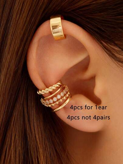 4pcs Elegant Cubic Zirconia C-Shape Earring Set, Stackable Earrings Suitable For Women's Daily Wear, Copper Jewelry