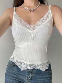 1 Piece White V-Neck Rib Knit Camisole With Delicate Lace Trim, Retro Chic Slim Fit Layering Top For Women, Versatile Basic Piece For Casual Daily Wear, Date Night, Evening Outings, Perfect Gift Choice For Valentine's Day, New Year Celebrations, Christmas Holidays, Birthday Presents, Anniversaries, Easy To Match With Jackets, Cardigans, Skirts And Jeans - 白色 - 查看 2