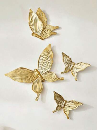 4pcs Gold Butterfly Home Decor Wall Hanging, Handmade ABS Resin Craft Ornaments, Suitable For Living Room, Study, Store, Party & Celebration Wall Decoration