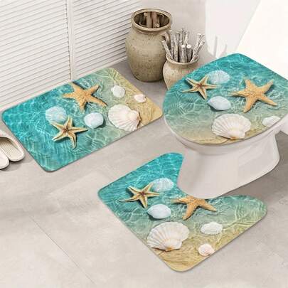 Non-Slip Starfish Seashell Bathroom Mat Set - Washable Mat For Toilet Lid Cover And U-Shape Mat - Bathroom Decor And Safety,Luxury Velvet Carpet - High-Quality Lightweight Washable Rug, Soft & Fluffy, Durable Non-Slip Short Pile Carpet,Multiple Sizes Available,Non-Slip Bottom[Bathroom Mat] [Bath Mat][Bathroom Mats]Autumn/ Winter/Rome Decor/Home Decor/House Decor
