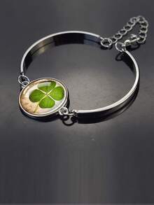 1pc Elegant Lucky Bracelet, Embedded With Four-Leaf Clover Glass Dome Design, Fashionable And Generous, Suitable For Men And Women, An Excellent Gift And Ideal Birthday Present - Silver - View 16