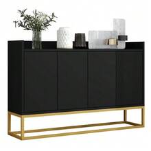 Modern Sideboard In Minimalist Style 4-Türiger Griffloser Buffetschrank Für Esszimmer, Wohnzimmer, Küche (Schwarz) - Black - View 5