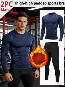 Two Piece Boyfriend Style Men's Set, Men's Compression Set, Quick Drying Fitness Set, Wool Lined Leggings And Pants, Long Sleeved Exercise Training Set, Sports Bra And Leggings, Suitable For Gym Wear, Boyfriend Gift Selection - Navy Blue - View 1