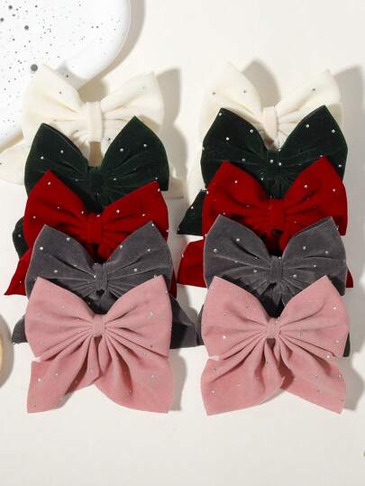 10pcs Rhinestone Decorated Velvet Bowknot Hair Clips, Retro Luxury Style For Kids
